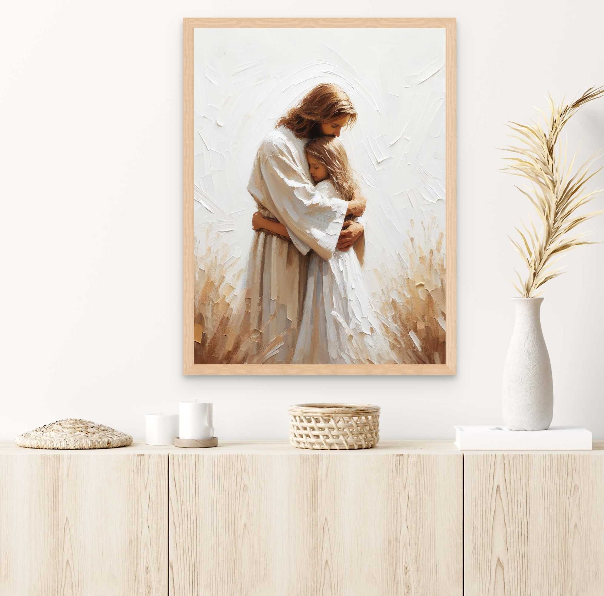 少女を抱きしめるイエス、キリスト教の絵画、少女とイエス