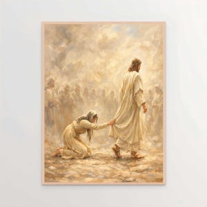 Può includere: Dipinto incorniciato raffigurante una scena biblica. Una figura in una veste bianca si allontana da una figura inginocchiata con un copricapo, che tira la veste. Altre figure sono sullo sfondo e il dipinto ha una calda tavolozza di colori seppia.