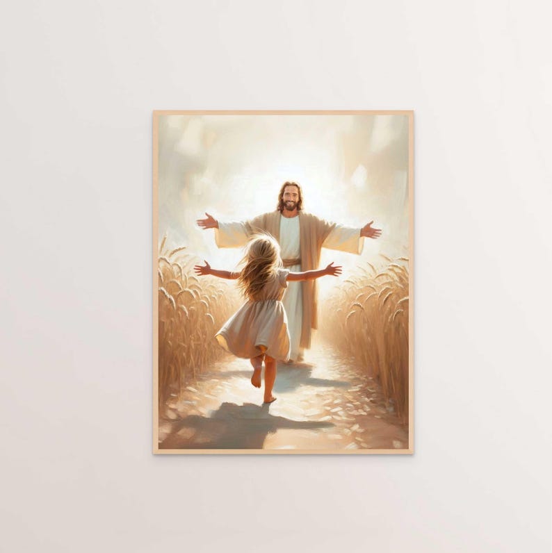 May include: A painting of a man with long hair and a white robe standing in a field of wheat with his arms outstretched. A young girl with long blonde hair is running towards him with her arms outstretched.
