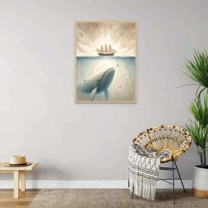 May include: A framed illustration of a blue whale swimming up towards a sailing ship in the distance. The whale is in the foreground and the ship is in the background. The sky is a light blue and the water is a dark blue. The image is framed in a light wood frame.