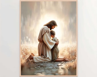May include: A painting of a man in a white robe kneeling and embracing a child. The man has long brown hair and a beard. The child is wearing a brown robe. The background is a soft, blurry landscape with a light shining down on them.