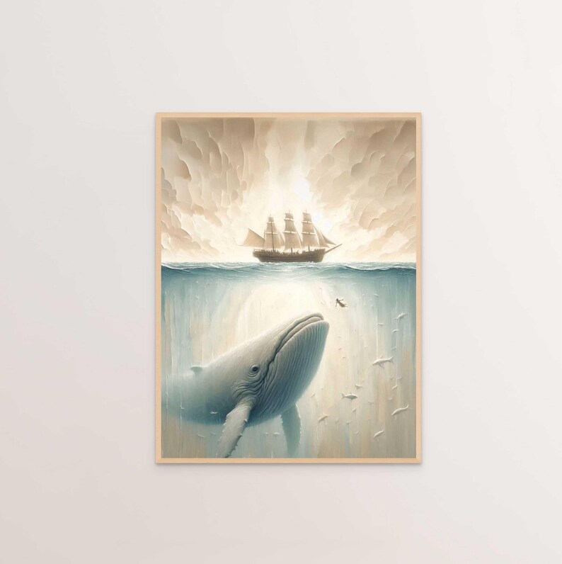 May include: A painting of a large whale swimming beneath a ship sailing on a cloudy day. The whale is white with a blueish tint and is facing the viewer. The ship is brown and has white sails. The sky is a light blue with white clouds. The water is a light blue with a dark blue bottom.