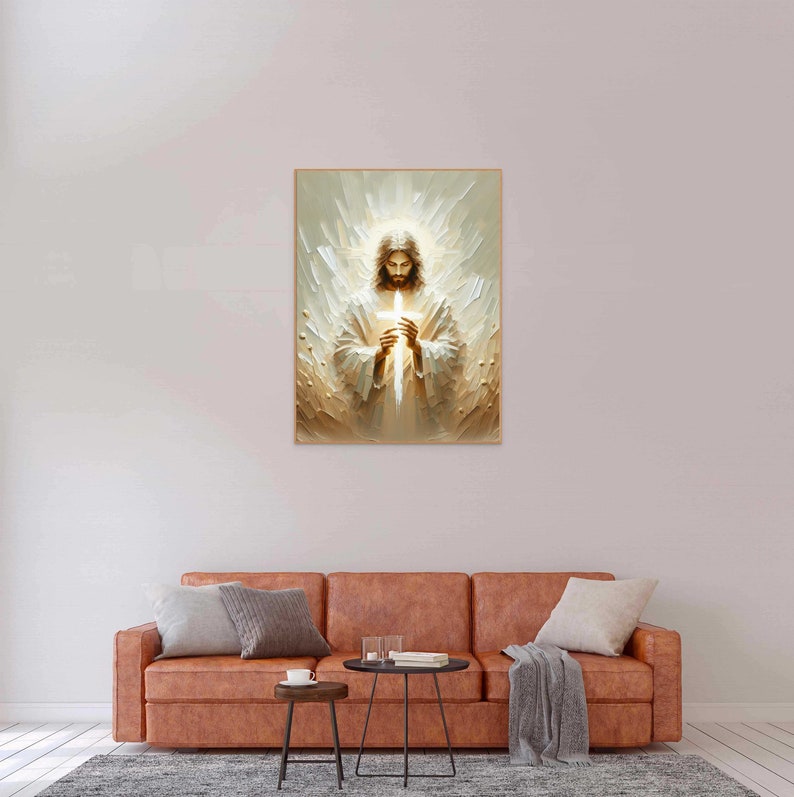 Puede incluir: Una pintura de un hombre con el pelo largo y barba sosteniendo una cruz. El hombre est&aacute; rodeado de una luz blanca y el fondo es de color dorado.