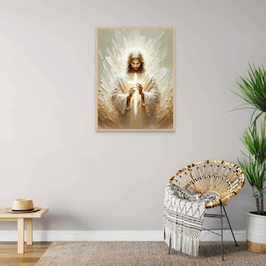 Puede incluir: Una pintura de Jesucristo sosteniendo una cruz frente a &eacute;l. Est&aacute; rodeado de una luz blanca brillante y un fondo dorado.