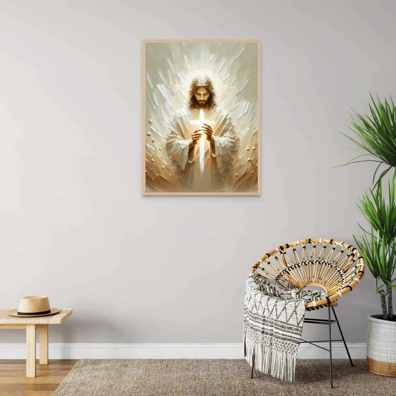 Puede incluir: Una pintura de Jesucristo sosteniendo una cruz frente a &eacute;l. Est&aacute; rodeado de una luz blanca brillante y un fondo dorado.