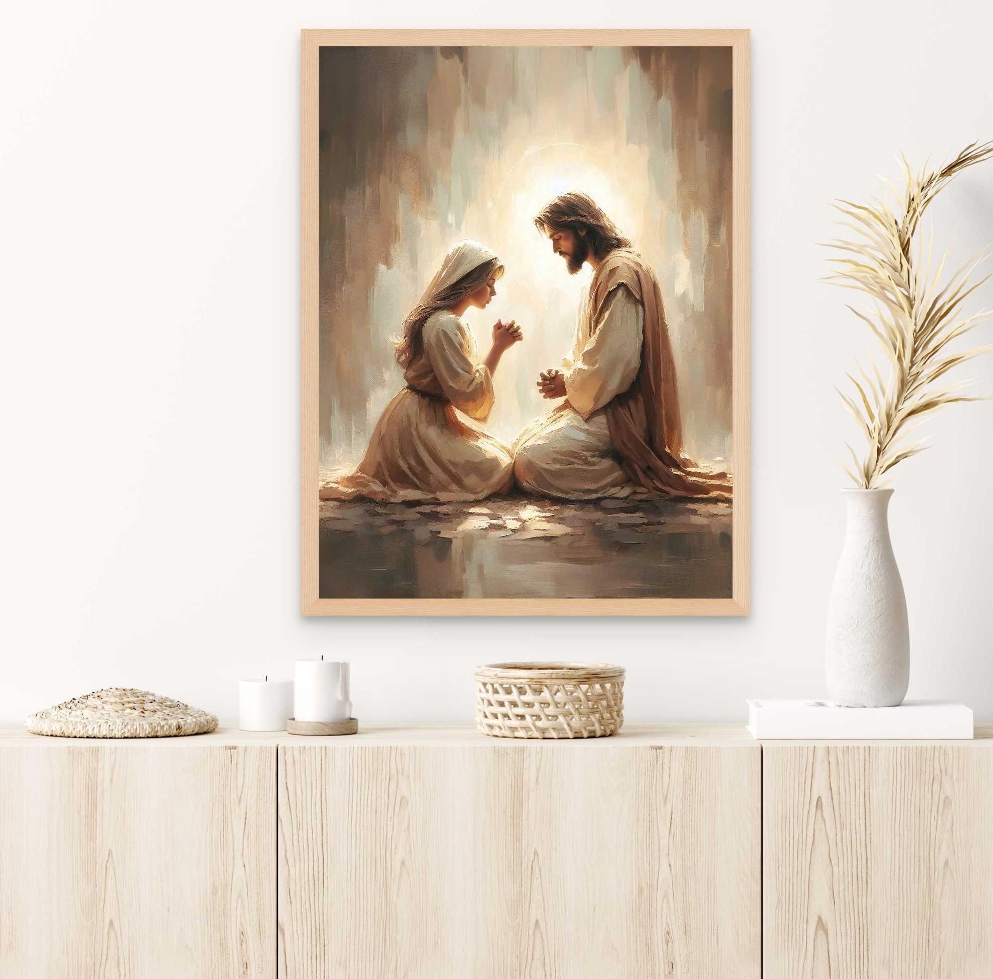 女性と祈るイエス、キリスト教の壁画、少女とイエス、イエスの絵画