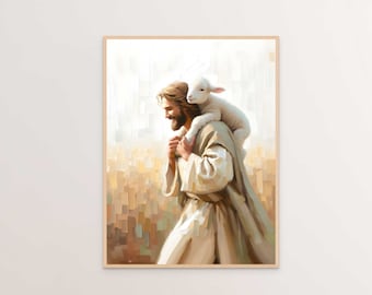 May include: A painting of a man with a beard carrying a white lamb on his shoulders. The man is wearing a long, flowing robe and is walking through a field of tall grass. The painting is done in a realistic style with soft, muted colors.