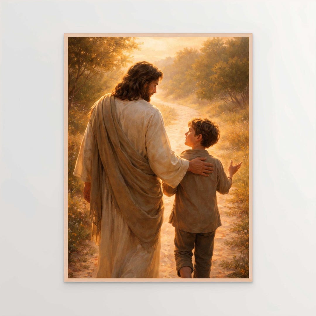 Walk With Me, Christian Wall Art, Jesus With Boy, Jesus Walking Art ...