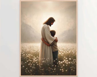 Brunette Hair Series Jesus Hugging Boy, Christian Wall Art, Jesus with Boy, Jesus Portrait, Christian Home Decor, Bible Art, Jesus with Kids