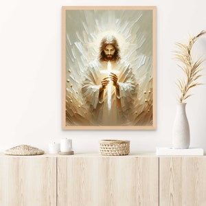 Puede incluir: Una pintura de Jesucristo sosteniendo una cruz blanca frente a &eacute;l. El fondo es un dise&ntilde;o abstracto de color marr&oacute;n claro y blanco.