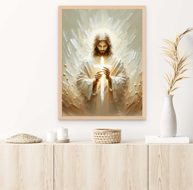 Puede incluir: Una pintura de Jesucristo sosteniendo una cruz blanca frente a &eacute;l. El fondo es un dise&ntilde;o abstracto de color marr&oacute;n claro y blanco.