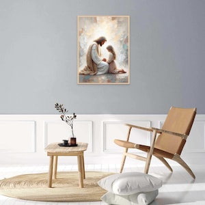 May include: A painting of a man kneeling with a young girl kneeling in front of him. The man is wearing a white robe and the girl is wearing a white dress. The painting is set against a background of clouds and light.