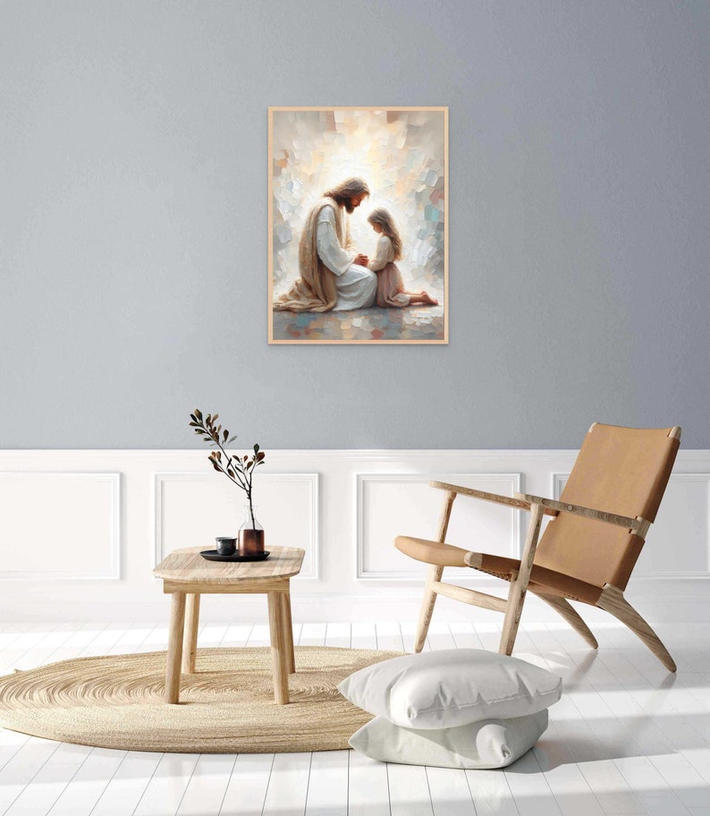 May include: A painting of a man kneeling with a young girl kneeling in front of him. The man is wearing a white robe and the girl is wearing a white dress. The painting is set against a background of clouds and light.