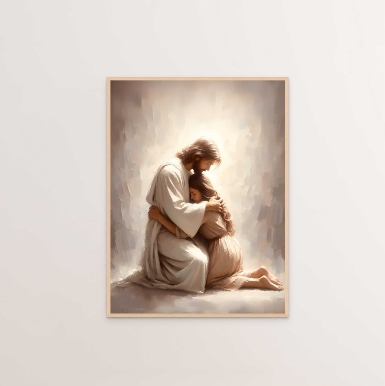 He Loves You, Christian Art, Jesus Hugging Woman, Jesus and Girl Art, Jesus Painting, Digital LDS Art, Bible Wall Art, Jesus Heals Woman Art image 1