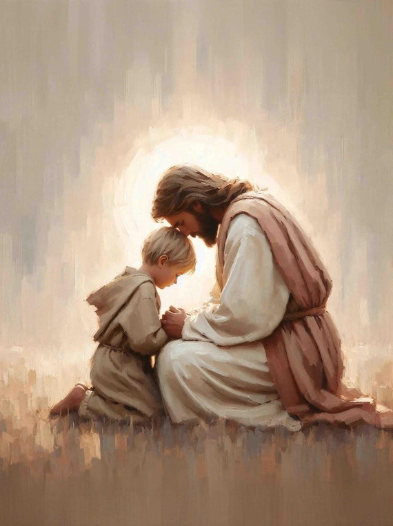 神聖な絆、キリスト教の壁画、祈るイエスと少年、キリストの絵、末日