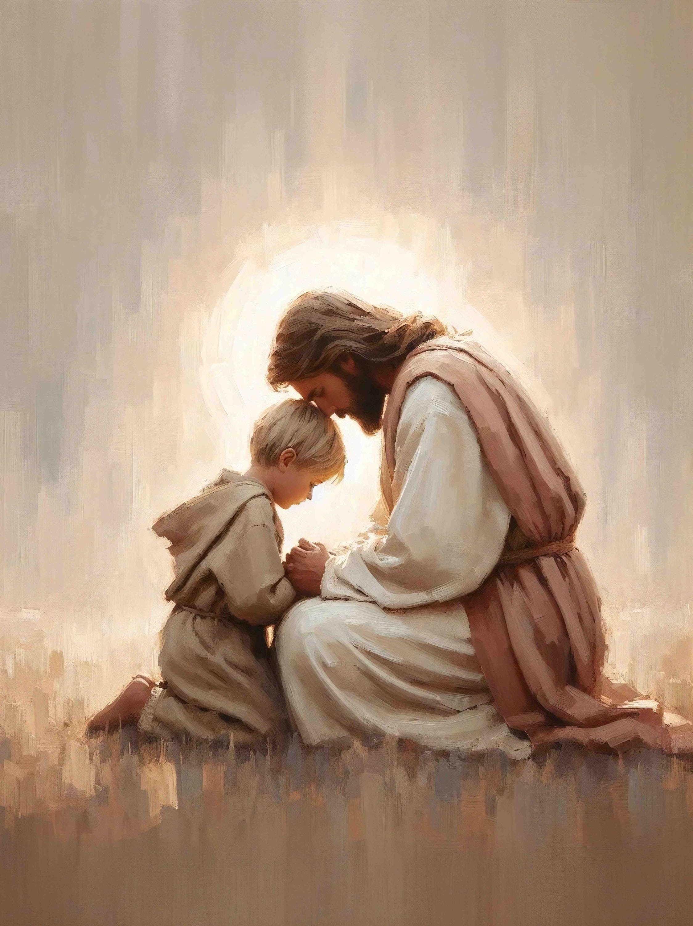 神聖な絆、キリスト教の壁画、祈るイエスと少年、キリストの絵、末日