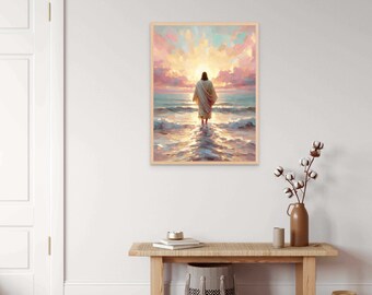 サンセットウォーク、デジタルキリスト教アート、水上を歩くイエス