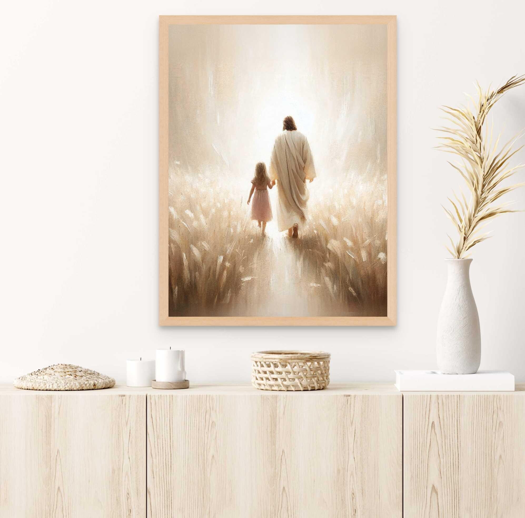 彼の光を感じて、キリスト教の絵画、少女と歩くイエス、キリストの絵