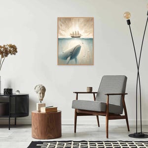 May include: A framed illustration of a blue whale rising from the ocean depths with a ship sailing on the surface above. The sky is a soft orange and yellow.