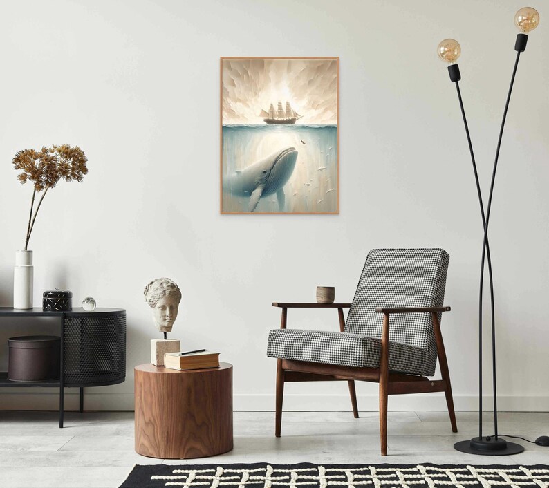 May include: A framed illustration of a blue whale rising from the ocean depths with a ship sailing on the surface above. The sky is a soft orange and yellow.