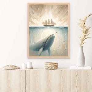 May include: A painting of a whale breaching the surface of the ocean, with a ship sailing above the water. The whale is white and gray, and the ship is brown with white sails. The background is a light blue sky with white clouds.