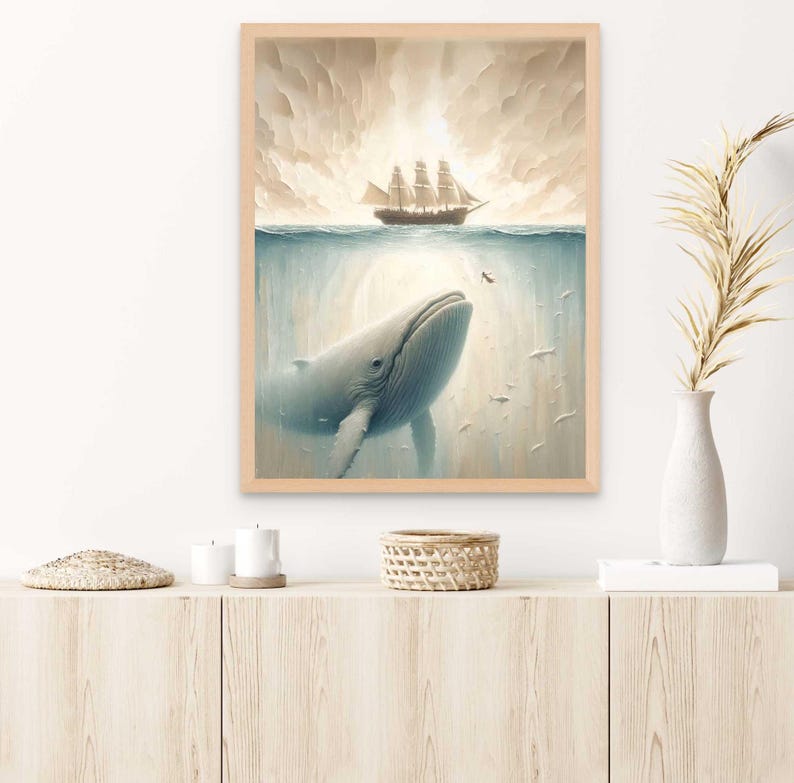 May include: A painting of a whale breaching the surface of the ocean, with a ship sailing above the water. The whale is white and gray, and the ship is brown with white sails. The background is a light blue sky with white clouds.