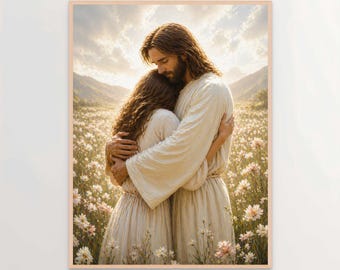 His Embrace, Christian Wall Art, Jesus Hugging Woman, Jesus Art Prints, Christian Home Decor, Bible Art, LDS Art, Christian Printable
