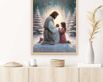 休日の祈り、キリスト教アート、少女と祈るイエス、イエスの版画、LDS