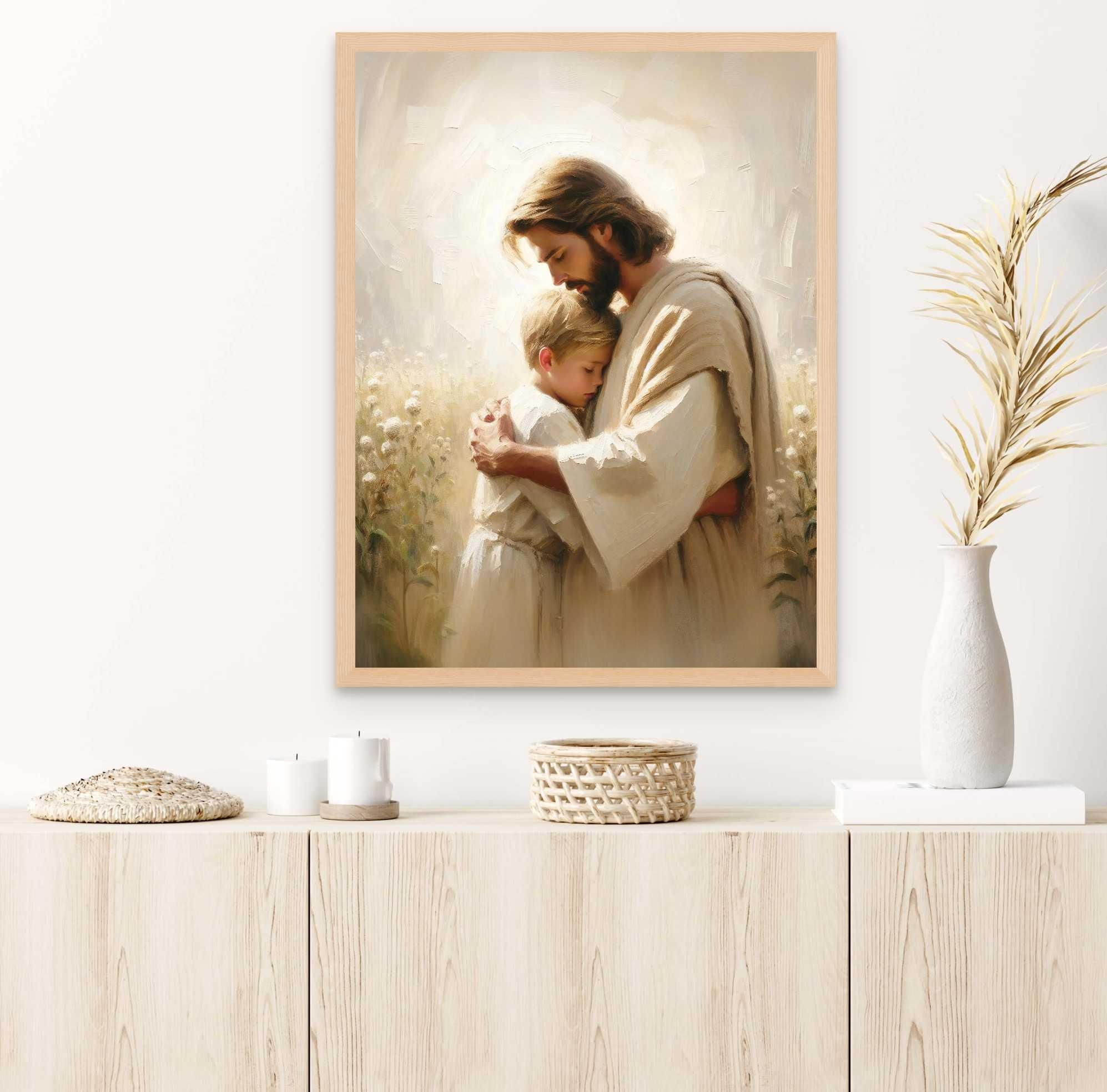 神聖な愛、キリスト教の壁画、少年を抱きしめるイエス、イエスの壁画