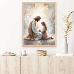 May include: A painting of Jesus kneeling with a young girl. They are both looking down with their hands clasped together. The painting is done in a soft, muted palette of browns, whites, and blues.