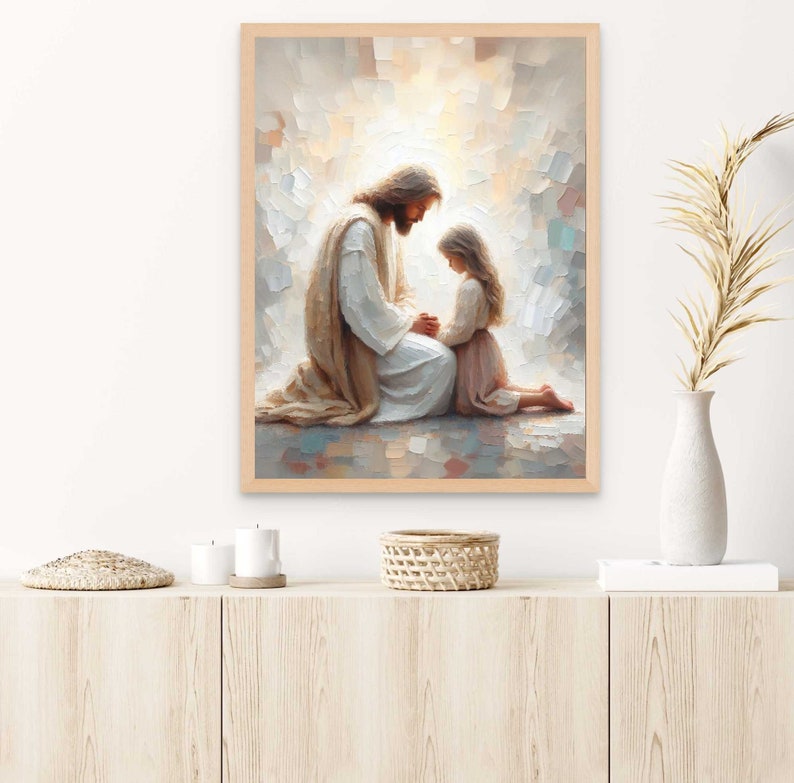 May include: A painting of Jesus kneeling with a young girl. They are both looking down with their hands clasped together. The painting is done in a soft, muted palette of browns, whites, and blues.