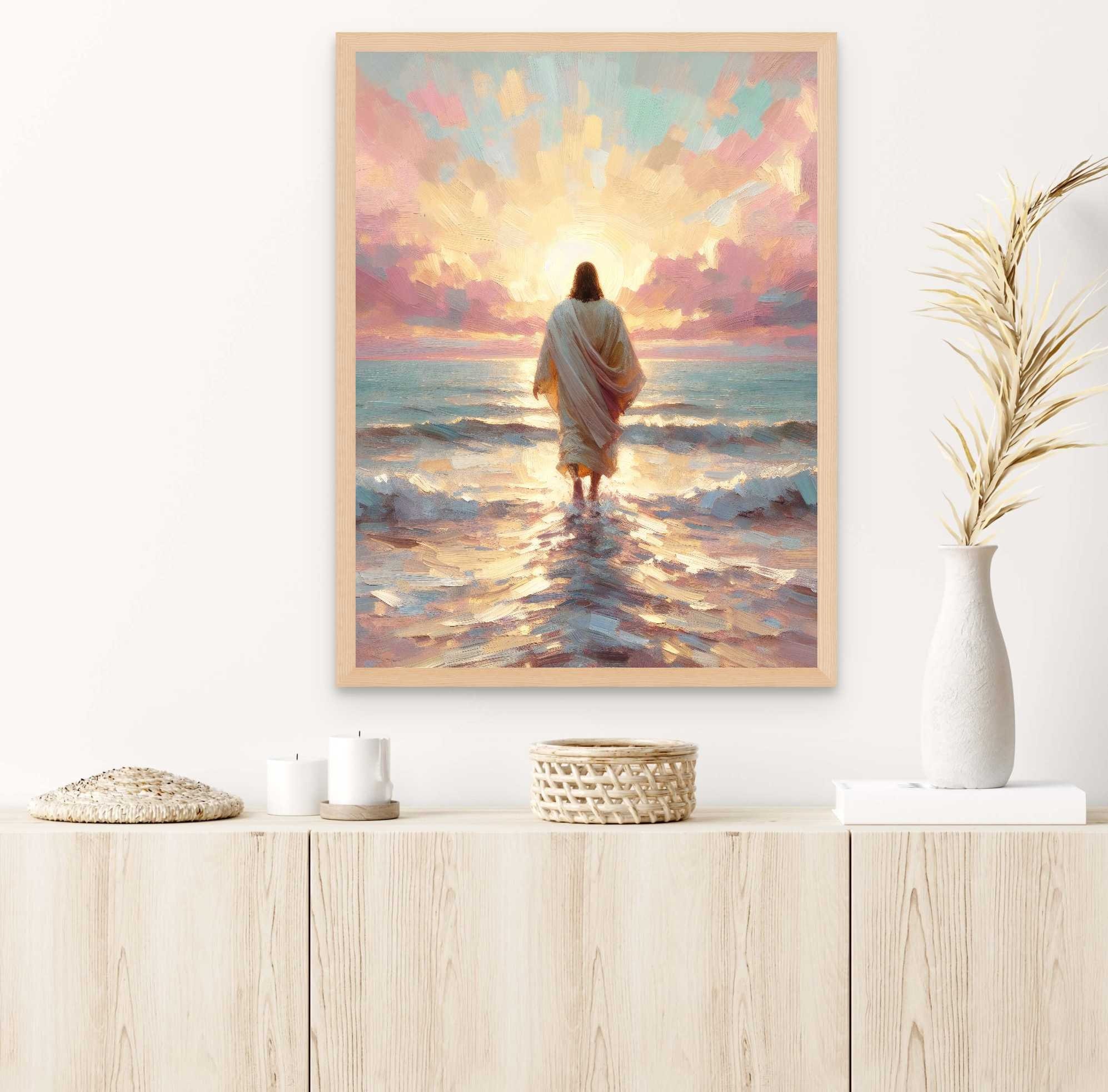 サンセットウォーク、デジタルキリスト教アート、水上を歩くイエス