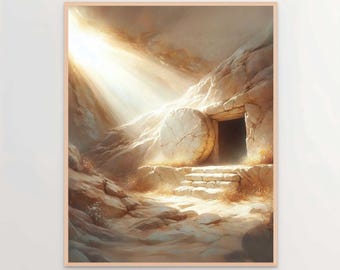 Può includere: Un dipinto che rappresenta una tomba di pietra con una grande pietra rotonda rotolata via, rivelando un'apertura scura. Raggi di luce brillano dall'alto, illuminando la scena. La tomba è situata sullo sfondo di colline rocciose.