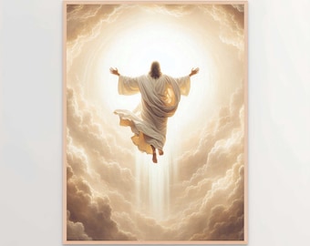 Puede incluir: Una pintura de una persona con una túnica blanca y los brazos extendidos, ascendiendo a una luz brillante en un cielo nublado.