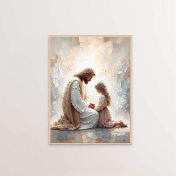Jesus and Little Girl Praying, Modern Christian Art, Jesus Christ and Girl, Jesus with Children, Jesus Portrait Art, LDS Art, Bible Painting