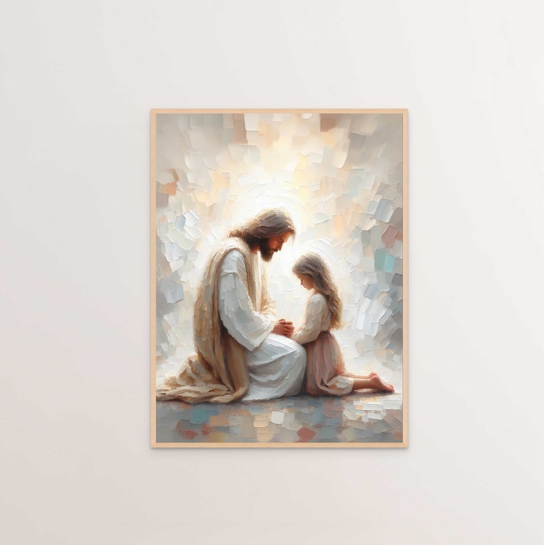 Jesus and Little Girl Praying, Modern Christian Art, Jesus Christ and Girl, Jesus with Children, Jesus Portrait Art, LDS Art, Bible Painting image 1