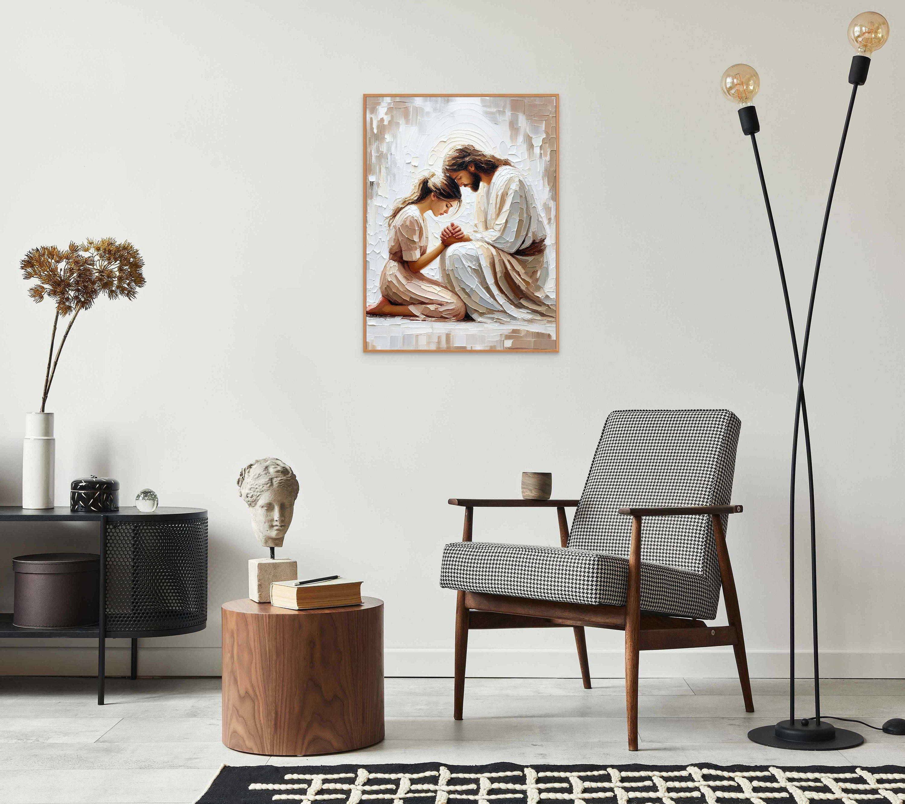 彼女の信仰、キリスト教の絵画、少女と祈るイエス、イエスと少女の絵画