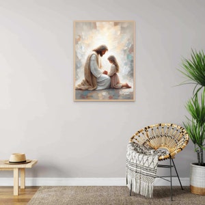 May include: A painting of a man kneeling with a young girl in front of him. The man is wearing a white robe and the girl is wearing a pink dress. The painting is set against a light background with a soft glow.