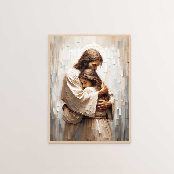 彼との慰め、キリスト教の壁画、イエスが少女を抱きしめる、イエスと