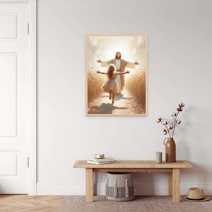 May include: A painting of Jesus with outstretched arms, standing in a field of wheat, with a young girl running towards him.