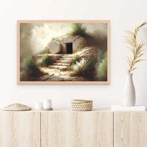 May include: A painting of a stone tomb with a large, round stone rolled away from the entrance. The tomb is set against a backdrop of a cloudy sky and lush greenery. The scene is reminiscent of the biblical story of the resurrection of Jesus Christ.