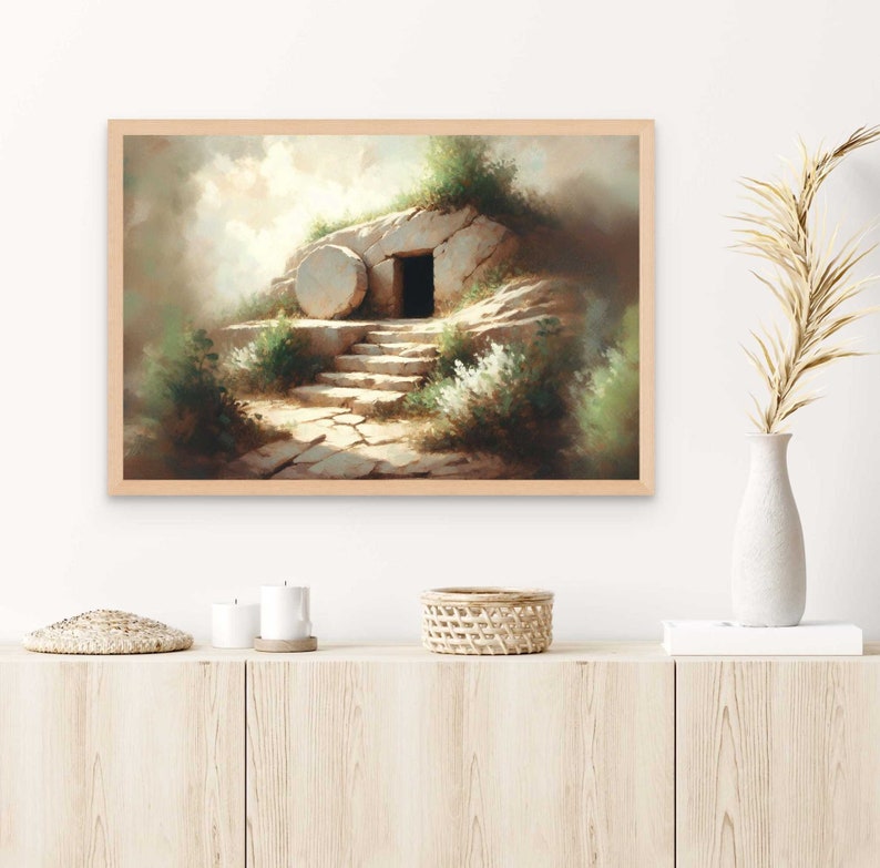 May include: A painting of a stone tomb with a large, round stone rolled away from the entrance. The tomb is set against a backdrop of a cloudy sky and lush greenery. The scene is reminiscent of the biblical story of the resurrection of Jesus Christ.