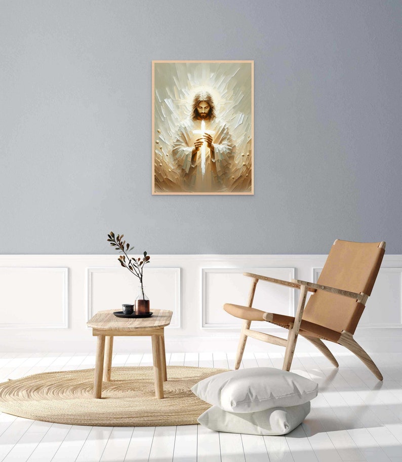 Puede incluir: Una pintura de Jesucristo sosteniendo una cruz frente a &eacute;l. Est&aacute; rodeado de una luz blanca y tiene una expresi&oacute;n suave en su rostro.