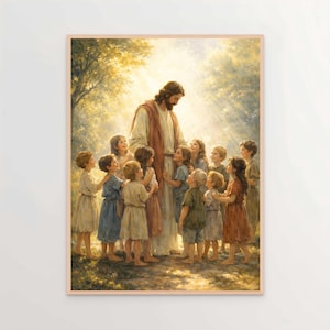 Può includere: Una stampa incorniciata raffigurante una scena religiosa. Una figura in una veste bianca e un indumento rosso è circondata da bambini. L'opera d'arte è ambientata in un ambiente esterno soleggiato con una tavolozza di colori morbidi e caldi.