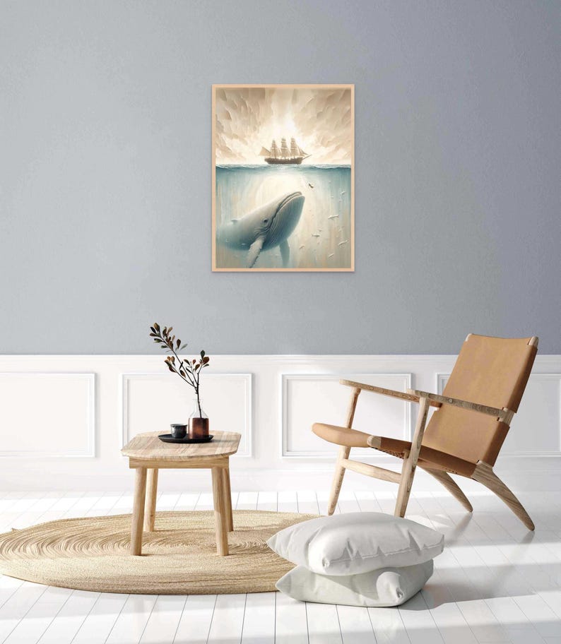 May include: A framed illustration of a whale swimming beneath the surface of the ocean, looking up at a ship sailing above the water. The sky is a light blue with white clouds.