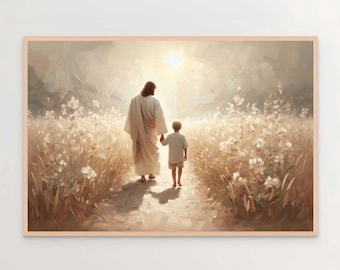 May include: A painting of Jesus Christ walking through a field of tall grass with a young child. The child is holding Jesus' hand and they are both looking forward. The painting is done in a realistic style with warm colors.