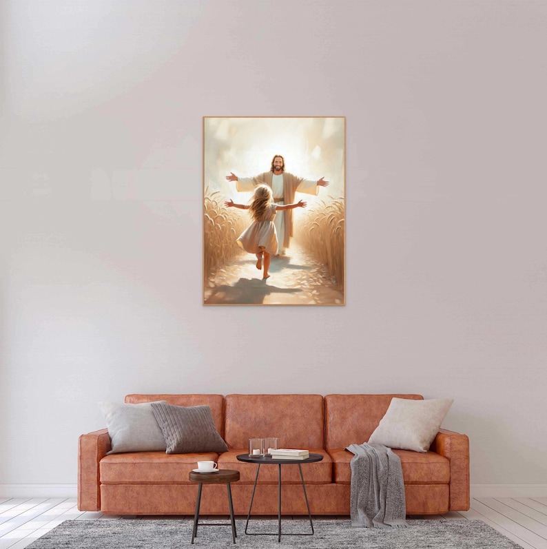May include: A painting of Jesus with outstretched arms, walking towards a young girl running towards him in a field of wheat.