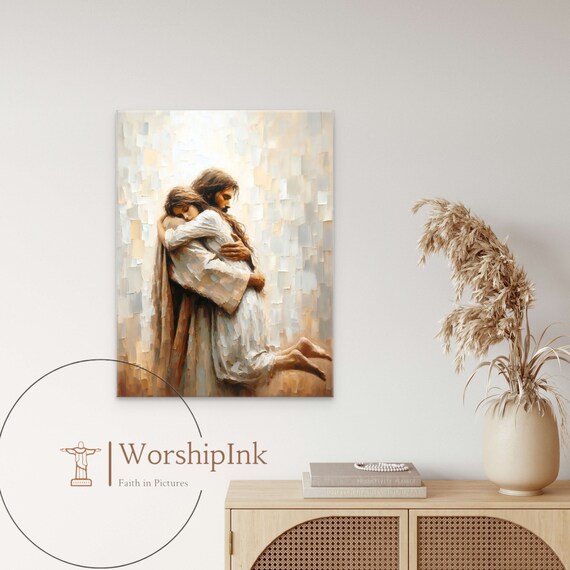 腕の中で安全に、イエスと女性の絵画、女性を抱きしめるイエスの壁画