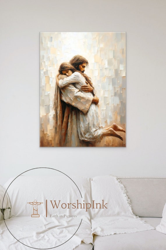 キリスト女性画 腕の中で安全に、イエスと女性の絵画、女性を抱きしめるイエスの壁画