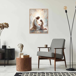 May include: A painting of a man in a white robe kneeling with a young girl in a white dress. The man is looking down at the girl, and the girl is looking up at the man. The painting is set against a light background with a soft glow.